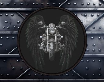 Biker Patch | Motorcycle with Black Angel Wings (3X3 inches) | Biker Patches for Vests | Motorcycle Patches | Biker Gifts | Motorcycle Gift