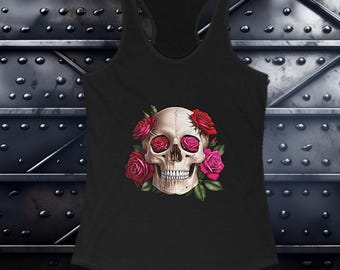 Women's Racerback Biker Tank Top| Skull with Roses| Motorcycle gifts| Biker Gift for her| Great Christmas Gift