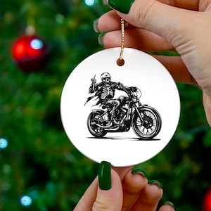 Motorcycle  Gift  - Biker Ornament:  Skeleton Riding A Motorcycle With Middle Finger. Great Gift for Her or Him