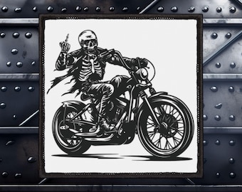 Funny Biker Patch| Skeleton with Middle Finger (3X3 inches)| Biker Patches for Vests | Motorcycle Patches | Biker Gifts|Stocking Stuffer