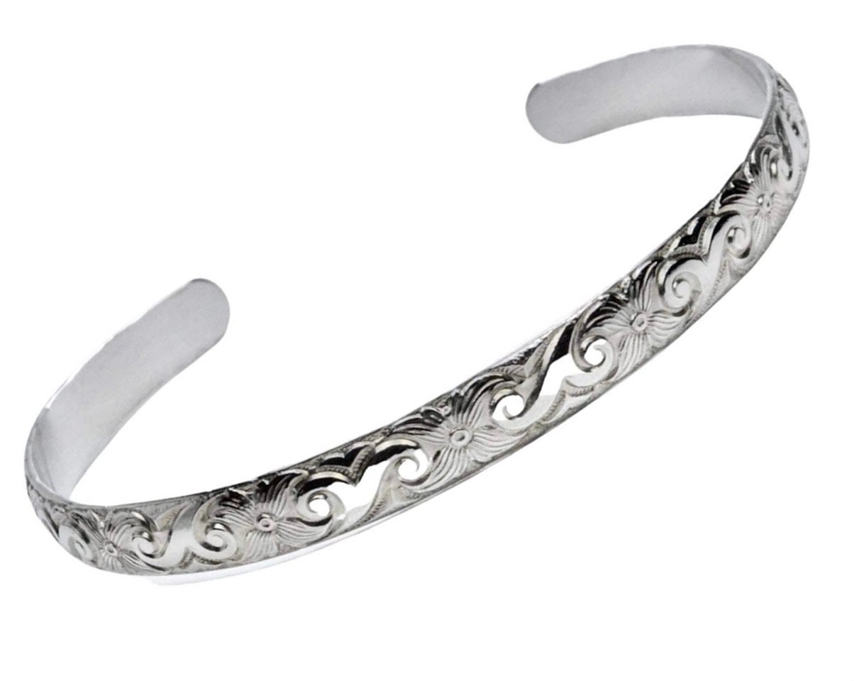 Handmade Sterling Silver Bangle Bracelet Waves & Flowers Etsy