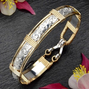 14k Gold Filled & Sterling Silver Bracelet - Waves and Flowers Design - Gold Bracelets For Women - Silver Bracelet -  Made in Alaska