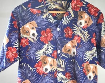 メンズ用カスタム犬の顔ハワイアンシャツ、パーソナライズトロピカルビーチシャツ、ペットの写真入りハワイアンシャツ、独身パーティー、家族旅行ハワイ