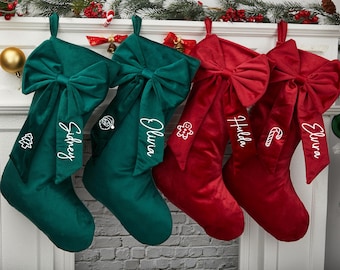Personalized Bow Christmas Stocking with Name,Velvet Christmas Stocking,2026 Embroidered Christmas Stocking,Family Christmas Stocking
