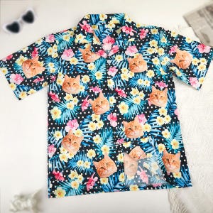Custom Hawaiian Shirt with Pet Faces,Holiday Tropical Pattern Shirt with Photo,Cat Face Shirt,Dog Owner Matching Shirt,Pet Lovers Gift