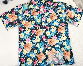 ペットの顔がプリントされたカスタムハワイアンシャツ、写真入りホリデートロピカル柄シャツ、猫の顔のシャツ、犬の飼い主とお揃いのシャツ、ペット愛好家へのギフト
