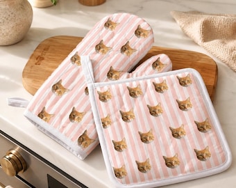 Custom Pet Photo Oven Mitts, Personalized Cat Kitchen Gift, Striped Heat Resistant Gloves, Funny Animal Cooking Accessory, Chef Gifts