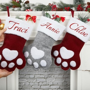 Personalized Pet Paw Christmas Stocking, Cute Paw Shape Cable Knit Custom Name Embroidered Dog Cat Stockings, Knitted Hanging Stockings Pets