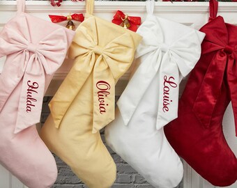 Personalized Bow Christmas Stocking, 2026 Embroidered Christmas Stocking, Velvet Christmas Stocking With Name, Family Decor, Christmas Gift