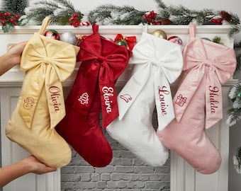 Personalized Velvet Christmas Stocking, Embroidered Name, Festive Bow Accent, Family Christmas Stocking
