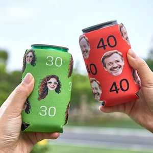 Aangepaste foto en tekst blikkoeler | Gepersonaliseerde feestbedankje | Aanpasbare bierhoes. 40e verjaardag bruiloft afstuderen
