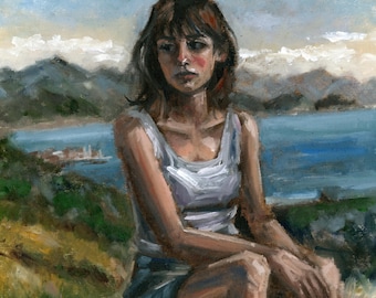 Mujer sentada mirando el paisaje marino, impresión artística giclée