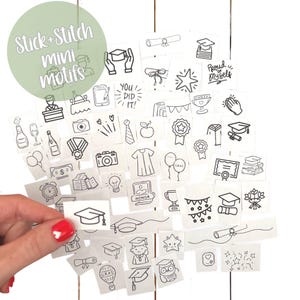 May include: A collection of black and white graduation-themed mini motifs, including graduation caps, diplomas, and celebratory icons. The text "Stick + Stitch Mini Motifs" is visible. A hand holds a motif with a graduation cap.