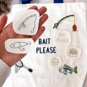 Fishing Stick and Stitch Embroidery Pattern, Water soluble transfer, Beginner DIY, Gift for Fisherman, Boy Embroidery, tote bag idea, boat