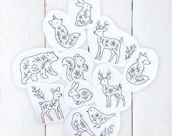 Stick and Stitch Floral Woodland Animals Embroidery Pattern, 10 pre-printed designs on water soluble sticky paper, cottage core pattern