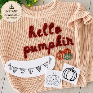 Hallo pompoenborduurpatroon voor babytruien en herfstkleding, pdf plakken en naaien voor handgemaakte halloweencadeaus, leuk herfstidee