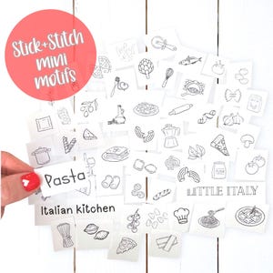 May include: A collection of white square stickers featuring black line art illustrations of Italian food items, kitchen tools, and text including "Stick+Stitch mini motifs", "Pasta", "Italian kitchen", and "LITTLE ITALY" arranged on a white surface.