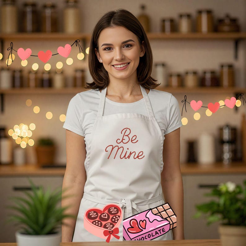 May include: A woman wearing a white apron with the words "Be Mine" in red script. The apron is decorated with a heart-shaped box of chocolates and a pink chocolate bar. A string of pink hearts hangs in the background.