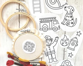 Stick and Stitch Firefighter Embroidery Pattern, 11 digital images for printing on water soluble sticky paper, PDF download, dalmation puppy