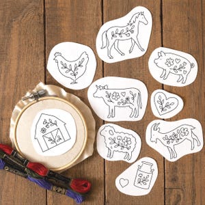 Farm Animals Stick and Stitch Embroidery Pattern, Cute Floral Animals, Beginner Hand Embroidery, Water Soluble, Homestead Nursery Decor,Barn