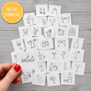 May include: A collection of square white cards featuring black line art illustrations of various cocktails, wine glasses, beer mugs, and bottles. One card prominently displays the word salute in a cursive script font among the drink designs.