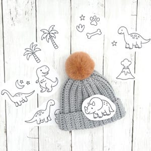 May include: A grey knitted beanie with a brown faux fur pom-pom. The beanie features a dinosaur patch and is surrounded by dinosaur-themed stickers, including palm trees, footprints, and a volcano. The background is a white wooden surface.