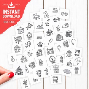 Circus Themed Stick and Stitch Embroidery Patterns PDF, circus mini motifs, Hand embroidery template, clown, cotton candy, Ferris wheel,kids