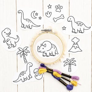 Dinosaur Stick and Stitch Embroidery Pattern, 9 Pre-printed designs on water soluble transfer paper, fun dino embroidery gift for kids, baby