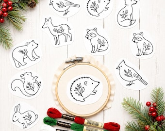 Christmas Floral Woodland Stick and Stitch Embroidery Pattern, Pre-printed water soluble transfers