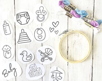 Baby Shapes Stick and Stitch Embroidery Pattern, 12 Pre-printed images on water soluble sticky paper, nursery decor, bottle, diaper, blocks