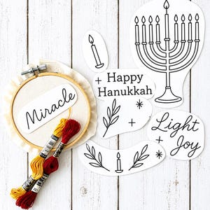 Hanukkah Stick and Stitch Embroidery Pattern, 7 pre-printed designs on water soluble paper, Menorah,miracle,light,joy,jewish holiday pattern