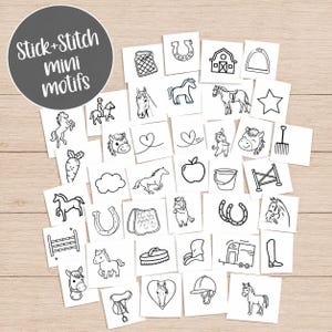 Horse Riding Stick and Stitch Mini Motifs, Equestrian Hand Embroidery Designs, Tiny horses, horseshoes, saddles, Pocket and cuff patterns