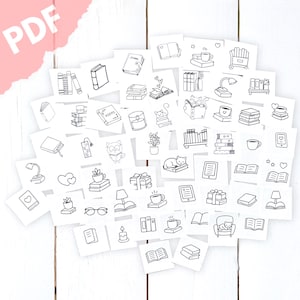 May include: A collection of black and white line art illustrations of books, reading accessories, and related objects. The illustrations are on individual white cards, with a pink "PDF" graphic in the upper left corner. The cards are arranged on a white wooden surface.