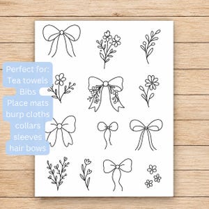 May include: A white sheet featuring black line art illustrations of various bows and floral sprigs. The designs include multiple styles of bows, single flowers, and leafy branches arranged in a grid pattern on a rectangular page.