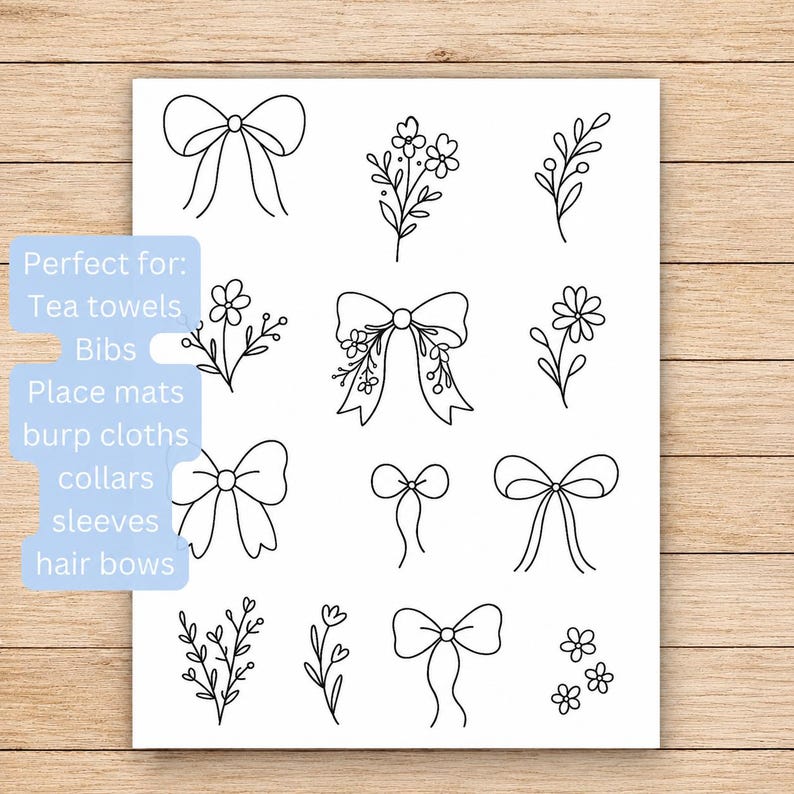 May include: A white sheet featuring black line art illustrations of various bows and floral sprigs. The designs include multiple styles of bows, single flowers, and leafy branches arranged in a grid pattern on a rectangular page.