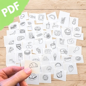 Könnte beinhalten: Eine Sammlung kleiner weißer quadratischer Karten mit schwarzen Strichzeichnungen verschiedener Lebensmittel, darunter Obst, Gemüse, Fleisch, Desserts und Getränke, mit einem grünen Ecketikett mit der Aufschrift PDF.