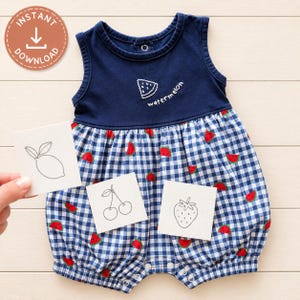 May include: A sleeveless navy blue romper featuring a white embroidered watermelon slice and the text watermelon on the chest. The bottom portion has a blue and white gingham pattern with small red watermelon slice prints and metal snap closures.