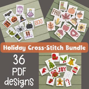 Cross Stitch Stick and Stitch PDF Patterns, Fall Halloween Christmas Bundle, Water Soluble Patterns for Clothing, Decor, Christmas Ornaments