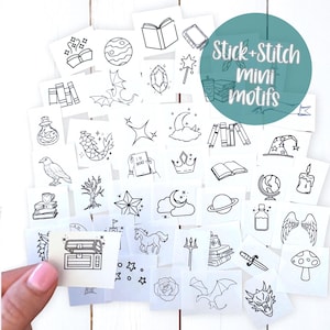 May include: A collection of black and white stick-and-stitch mini motifs featuring various fantasy and magical elements. Designs include books, dragons, stars, potions, and more. The motifs are on small, square, off-white paper pieces.