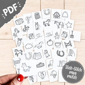 May include: A collection of square white paper sheets featuring black line art illustrations of horses, saddles, horseshoes, barns, carrots, apples, and riding gear. The top left corner has a PDF label and the bottom right has a Stick+Stitch label.