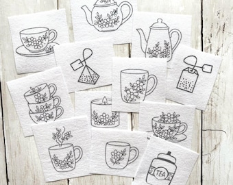 Tea Stick and Stitch Hand Embroidery Designs, Pre-printed on water soluble paper, Floral Tea Cup designs,Tea Towel DIY gift,Tea Party Design