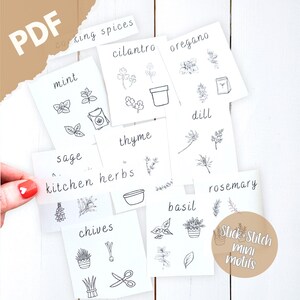 May include: A collection of white cards with hand-drawn illustrations of herbs and spices, including mint, cilantro, oregano, and thyme. The cards are labeled with the herb names in a handwritten font. The words "PDF", "cooking spices", and "kitchen herbs" are also visible.