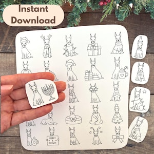 Puede incluir: Pegatinas en blanco y negro con ilustraciones de perros con atuendos y accesorios festivos. Las pegatinas incluyen un perro con gorro de Papá Noel, cuernos y una menorá. Las palabras "Instant Download" están en un óvalo beige.