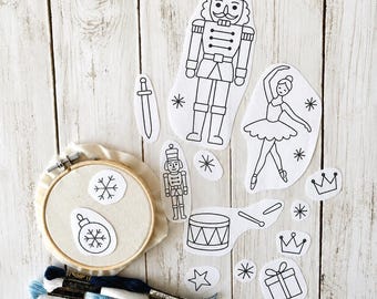 Nutcracker Stick and Stitch Embroidery Transfer, Pre-Printed Christmas Pattern, Sugar Plum Fairy Ballet Designs