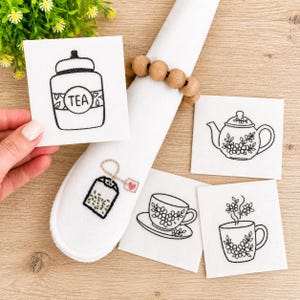 Tea Embroidery Transfer Pattern for Tea Towels, Dinner Napkins & Handmade Gifts, Pre-Printed Stick and Stitch for Tea Lovers