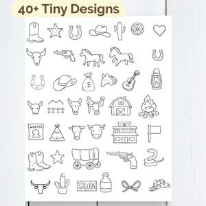 May include: A white sheet with over 40 tiny black line drawings of cowboy-themed designs. The designs include cowboy boots, hats, horses, a wagon, a wanted poster, and a saloon sign.