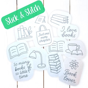 May include: A collection of Stick & Stitch patches with book-themed designs. The patches feature illustrations of books, a lamp, a tote bag, and phrases like "I love books" and "Just one more chapter."