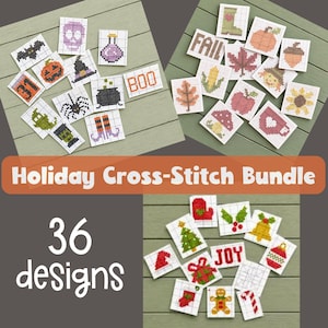 May include: A collection of 36 cross-stitch patterns featuring holiday themes including Halloween, autumn, and Christmas motifs. The designs are displayed on white grid paper and include icons like pumpkins, ghosts, trees, and text like BOO and JOY.