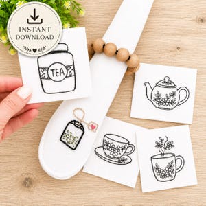Tee Stick und Stich Stick und Stitch Stickmuster, PDF für Servietten, Geschirrtücher & gemütliche Küchendekoration, Florales Teetassendesign für Teeliebhaber