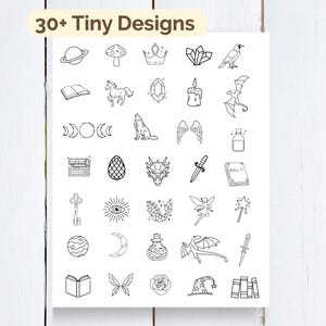 May include: A white sheet with over 30 tiny black line art designs. The designs include a planet, mushroom, crown, crystals, raven, open book, horse, gem, candle, bat, crescent moons, wolf, wings, potion bottle, and more.